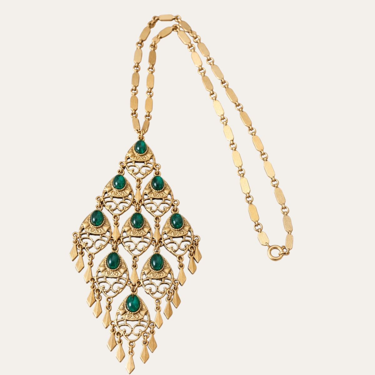 Vintage Emerald Green Glass Cabochon Articulated Gold-Tone Statement Necklace