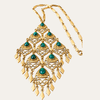 Vintage Emerald Green Glass Cabochon Articulated Gold-Tone Statement Necklace