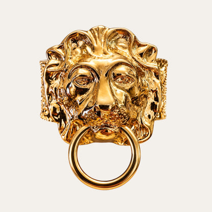 Vintage Gold Tone Lion Head Door Knocker Cuff Bracelet – Bold Sculptural Statement Jewelry