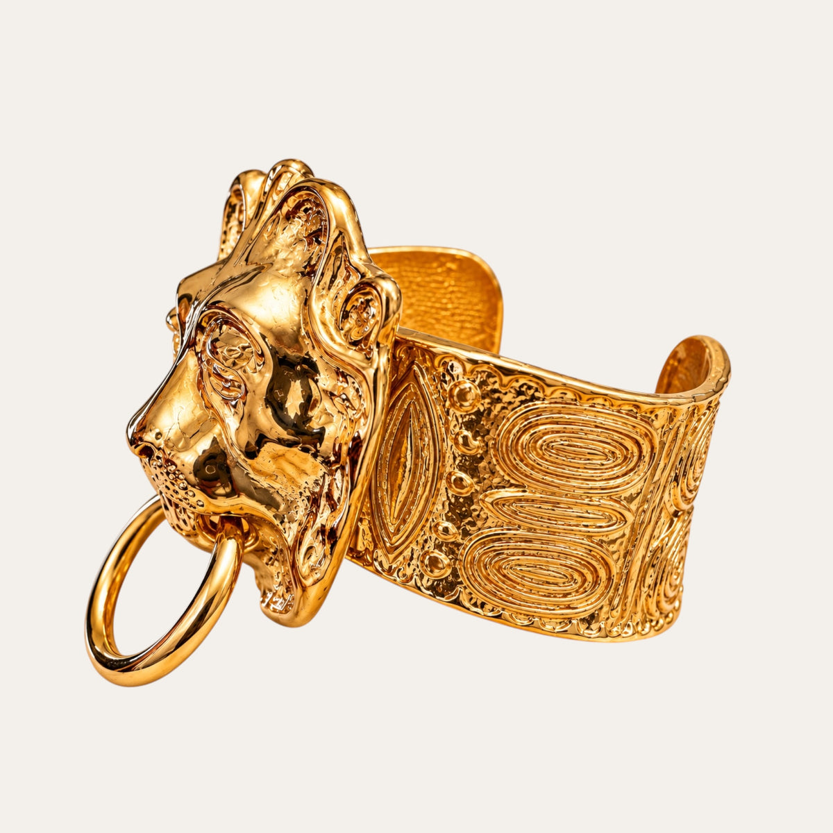 Vintage Gold Tone Lion Head Door Knocker Cuff Bracelet – Bold Sculptural Statement Jewelry