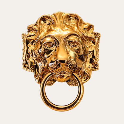 Vintage Gold Tone Lion Head Door Knocker Cuff Bracelet – Bold Sculptural Statement Jewelry
