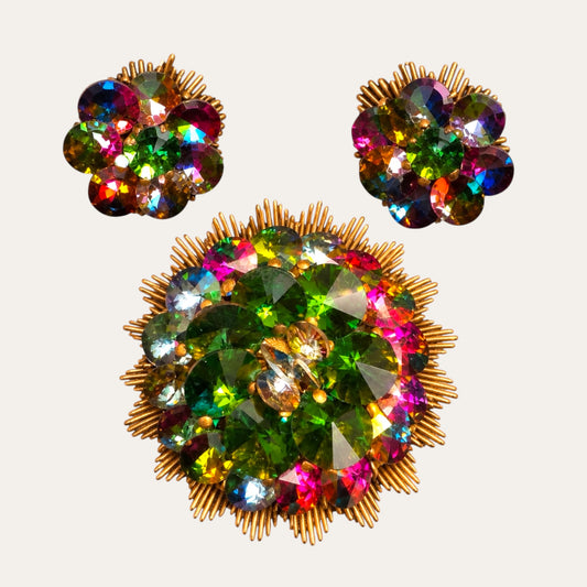 Rare Alice Caviness Watermelon Volcano Rivoli Starburst Brooch & Earrings Demi-Parure