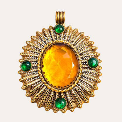 Rare Antique Ben Meltzer New York Statement Medallion Pendant – Amber & Emerald Green Glass