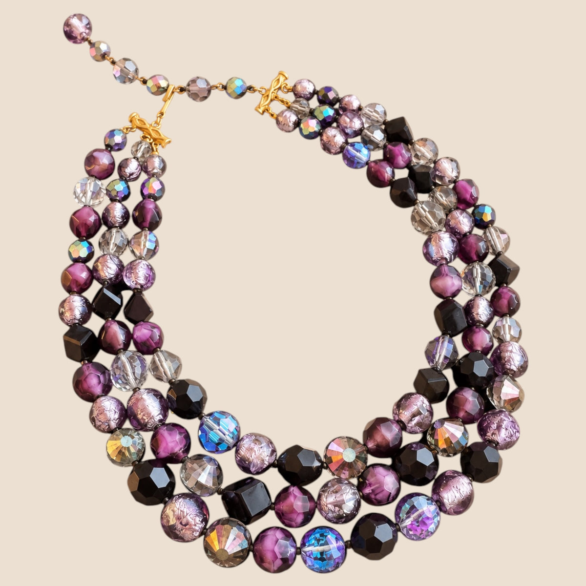 Vintage Hattie Carnegie Triple-Strand Amethyst Glass & Crystal Statement Necklace