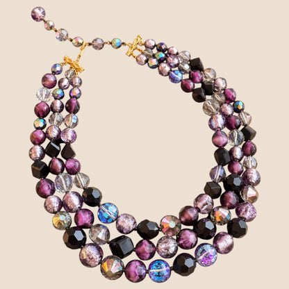 Vintage Hattie Carnegie Triple-Strand Amethyst Glass & Crystal Statement Necklace