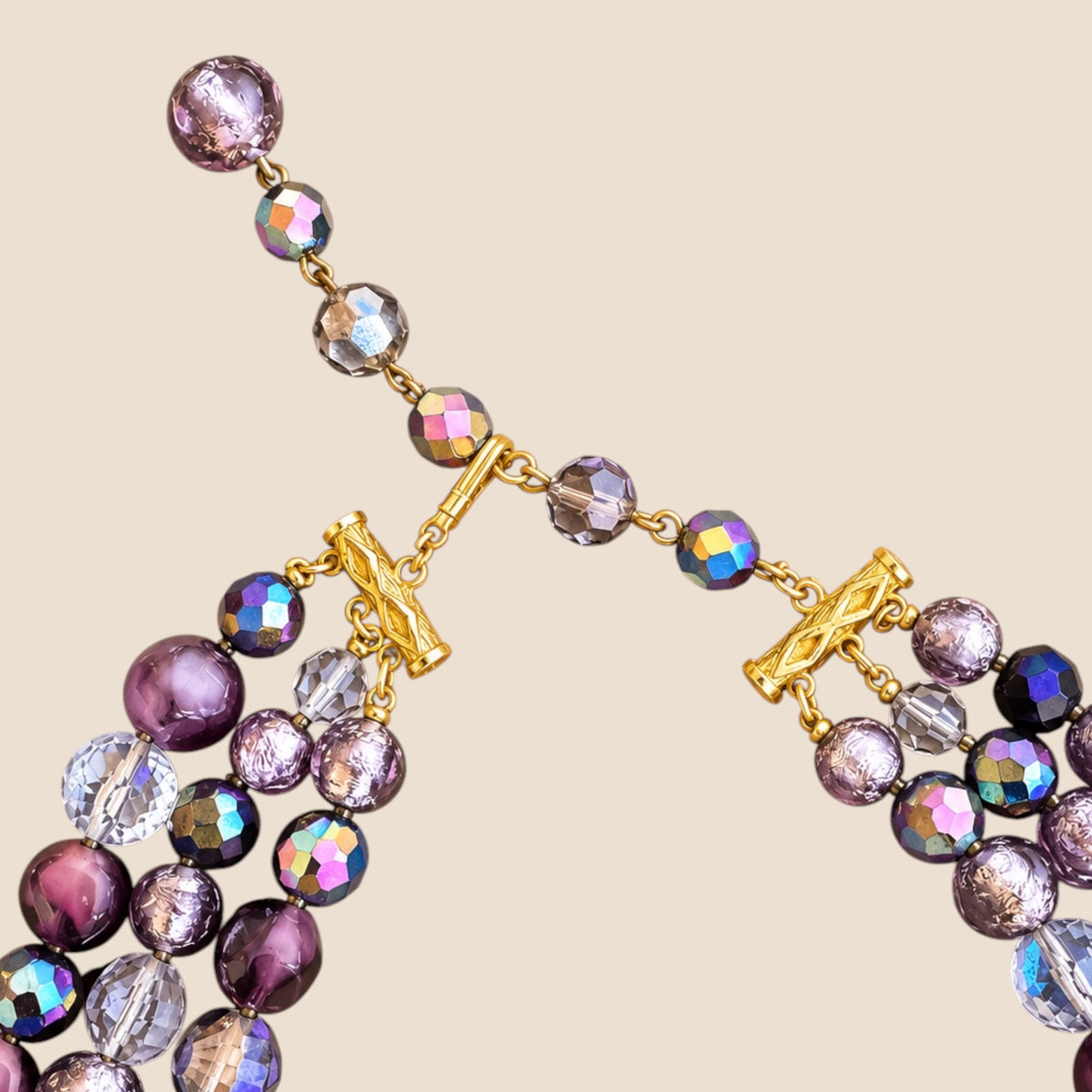 Vintage Hattie Carnegie Triple-Strand Amethyst Glass & Crystal Statement Necklace