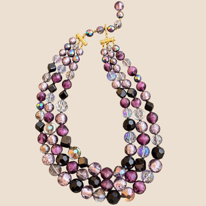 Vintage Hattie Carnegie Triple-Strand Amethyst Glass & Crystal Statement Necklace
