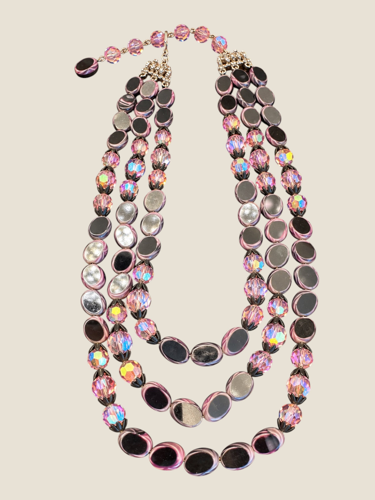 Vintage Hobé Triple-Strand Czech Picasso Glass Necklace with Purple & Black AB Crystals