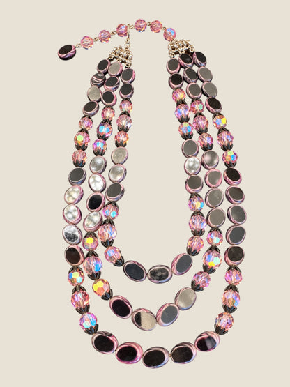 Vintage Hobé Triple-Strand Czech Picasso Glass Necklace with Purple & Black AB Crystals