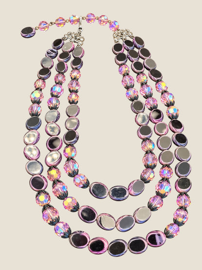 Vintage Hobé Triple-Strand Czech Picasso Glass Necklace with Purple & Black AB Crystals