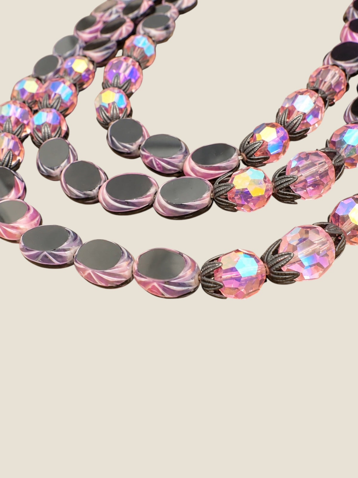 Vintage Hobé Triple-Strand Czech Picasso Glass Necklace with Purple & Black AB Crystals