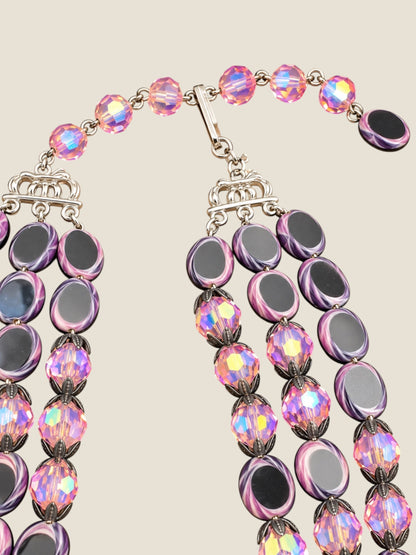 Vintage Hobé Triple-Strand Czech Picasso Glass Necklace with Purple & Black AB Crystals