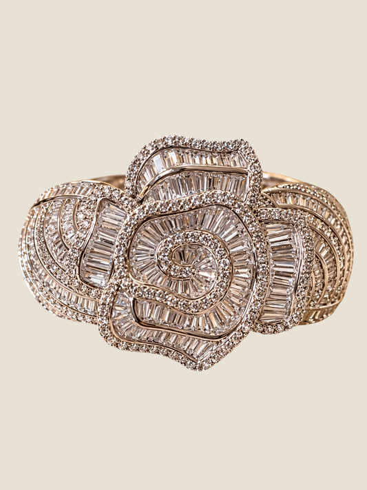 Vintage Platinum-Plated Stainless Steel Crystal Hinged Bangle Bracelet Sculptural Rose Design