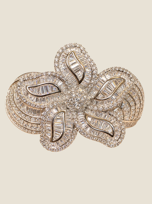Vintage Platinum-Plated Stainless Steel Crystal Hinged Bangle Bracelet Sculptural Floral Blossom Design