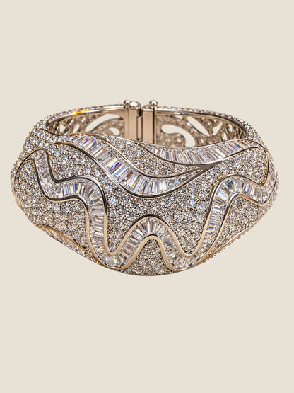 Vintage Platinum-Plated Stainless Steel Crystal Hinged Cuff Bracelet | Sculptural Baguette & Pavé Design