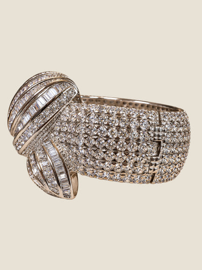Vintage Platinum-Plated Stainless Steel Crystal Hinged Cuff Bracelet | Sculptural Leaf Design