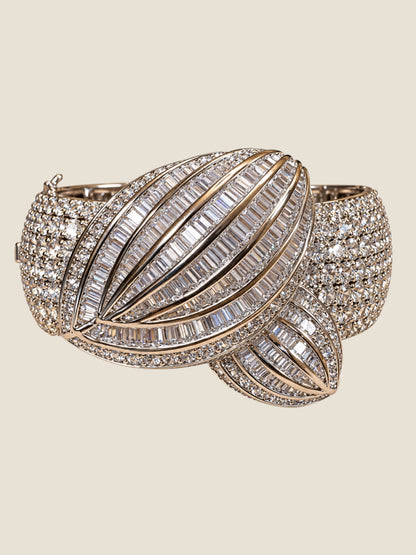 Vintage Platinum-Plated Stainless Steel Crystal Hinged Cuff Bracelet | Sculptural Leaf Design