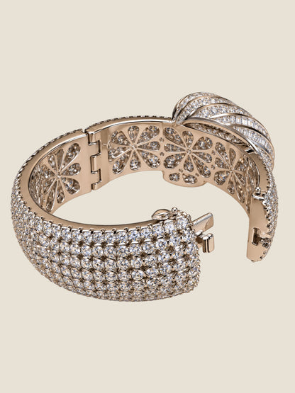 Vintage Platinum-Plated Stainless Steel Crystal Hinged Cuff Bracelet | Sculptural Leaf Design