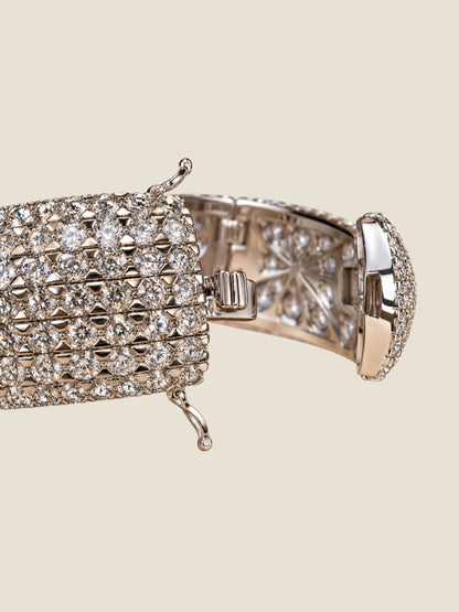 Vintage Platinum-Plated Stainless Steel Crystal Hinged Cuff Bracelet | Sculptural Leaf Design