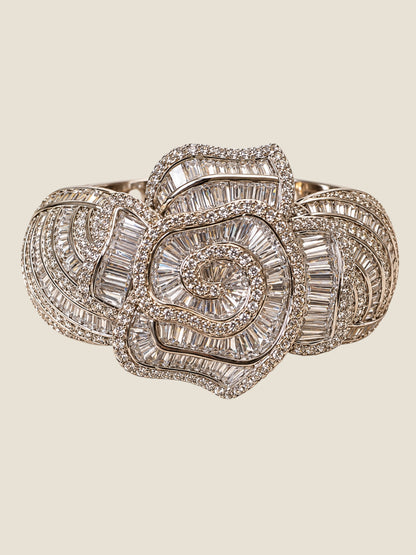 Vintage Platinum-Plated Stainless Steel Crystal Hinged Bangle Bracelet Sculptural Rose Design