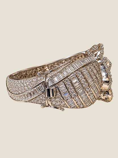 Vintage Platinum-Plated Stainless Steel Crystal Hinged Bangle Bracelet Sculptural Rose Design