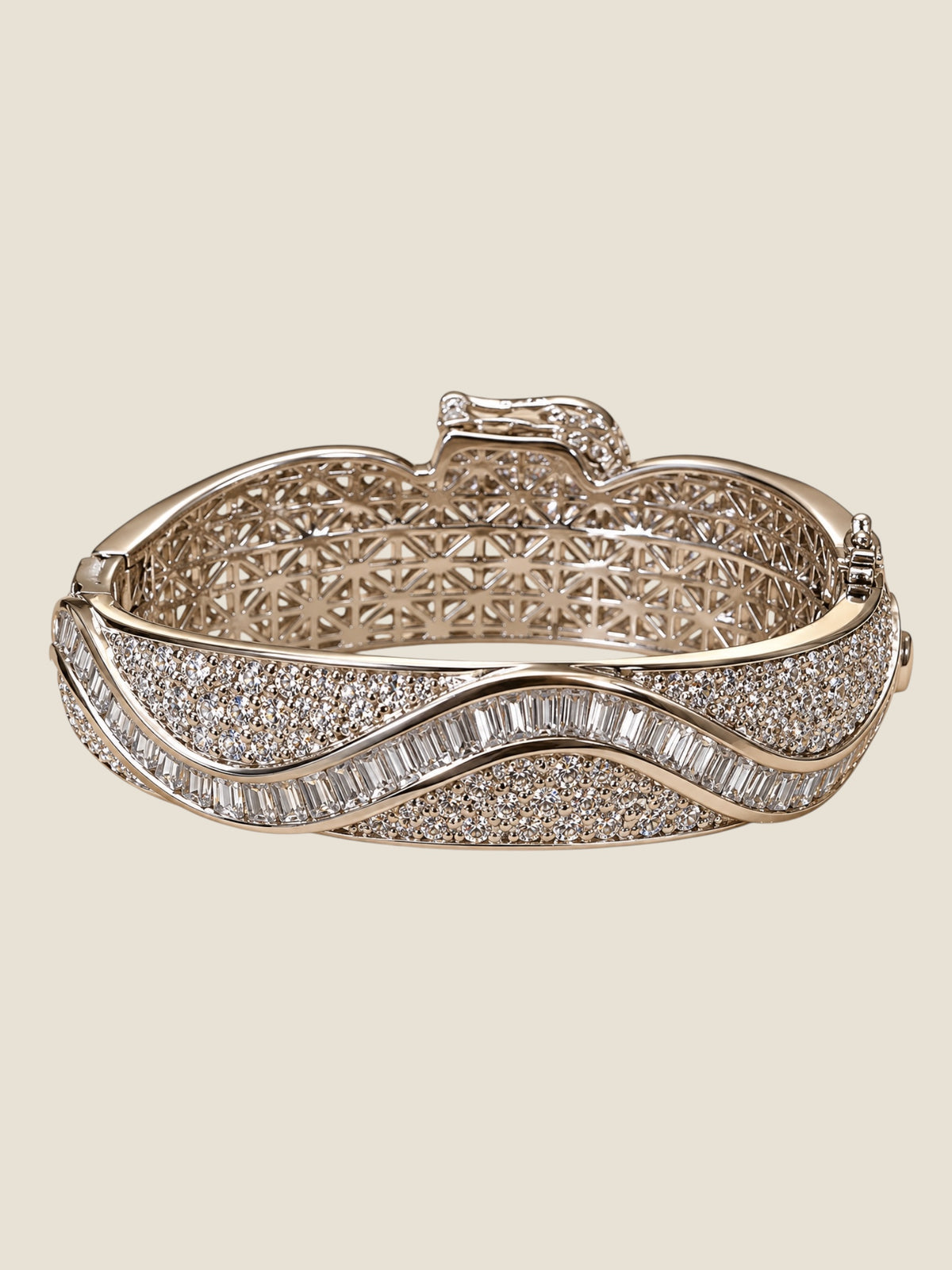 Vintage Platinum-Plated Stainless Steel Crystal Hinged Bangle Bracelet Sculptural Rose Design