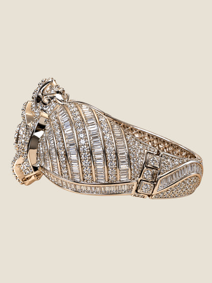 Vintage Platinum-Plated Stainless Steel Crystal Hinged Bangle Bracelet Sculptural Rose Design