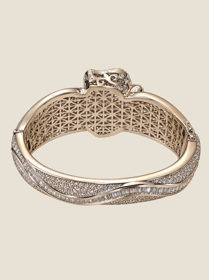 Vintage Platinum-Plated Stainless Steel Crystal Hinged Bangle Bracelet Sculptural Rose Design