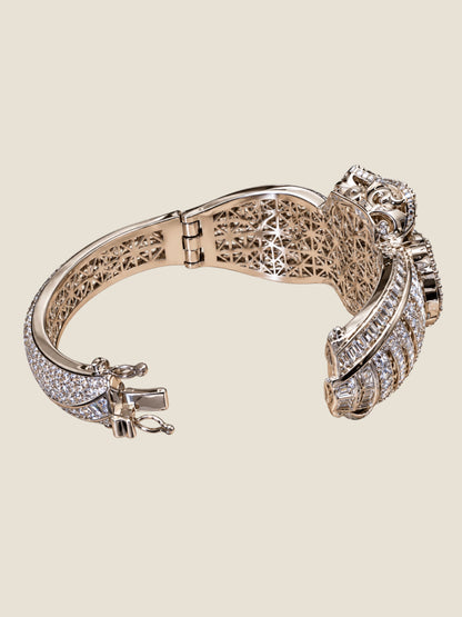 Vintage Platinum-Plated Stainless Steel Crystal Hinged Bangle Bracelet Sculptural Rose Design