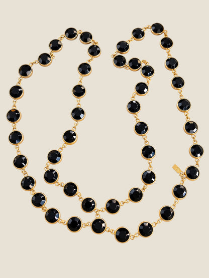 Vintage Signed Swarovski Jet Black Crystal Bezel-Set 36” Gold-Tone Necklace