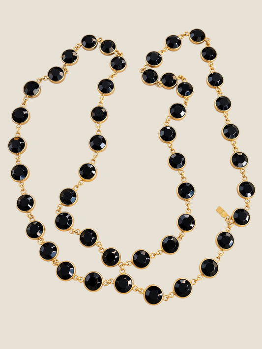 Vintage Signed Swarovski Jet Black Crystal Bezel-Set 36” Gold-Tone Necklace