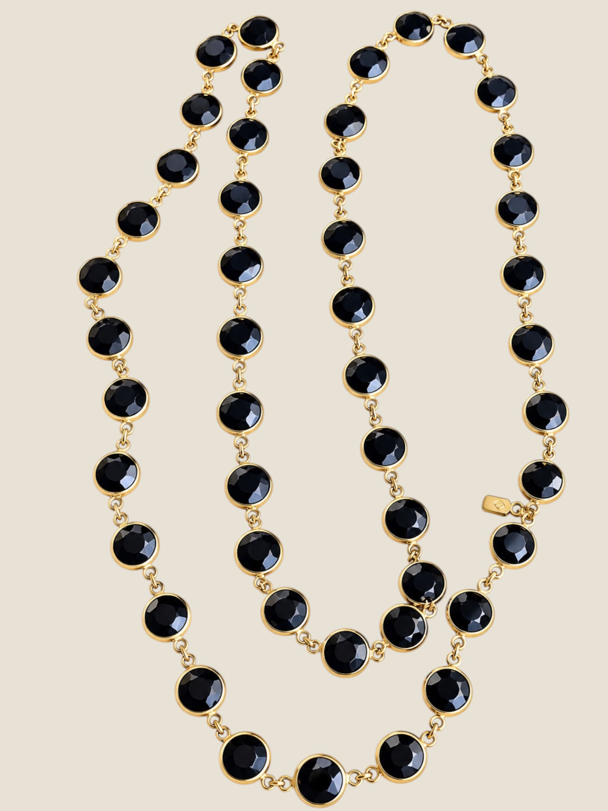 Vintage Signed Swarovski Jet Black Crystal Bezel-Set 36” Gold-Tone Necklace