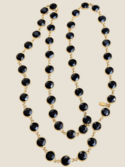 Vintage Signed Swarovski Jet Black Crystal Bezel-Set 36” Gold-Tone Necklace