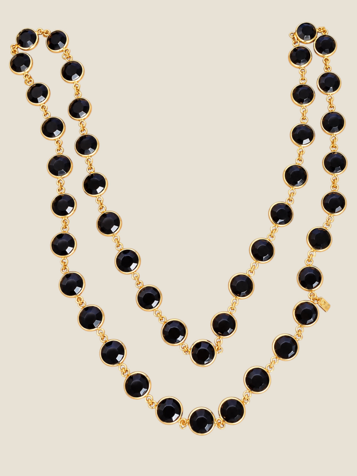 Vintage Signed Swarovski Jet Black Crystal Bezel-Set 36” Gold-Tone Necklace