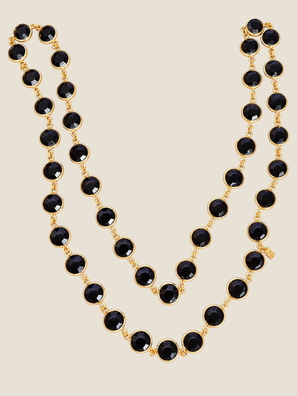 Vintage Signed Swarovski Jet Black Crystal Bezel-Set 36” Gold-Tone Necklace