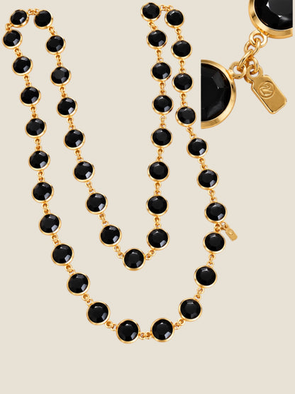 Vintage Signed Swarovski Jet Black Crystal Bezel-Set 36” Gold-Tone Necklace