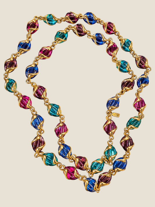 Vintage Swarovski Multicolor Sculpted Glass Necklace – Gold-Tone Ribbon Design