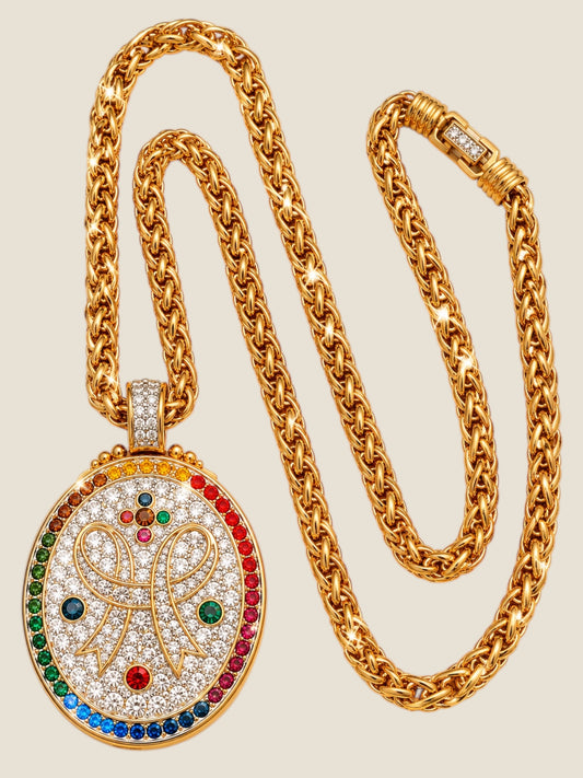 Vintage Swarovski Multicolor Pavé Ribbon Locket Necklace – Gold-Tone Woven Rope Chain