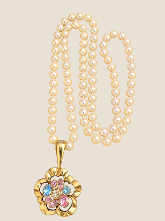 Vintage SAL Swarovski Pearl Necklace with Multicolor Crystal Floral Pendant