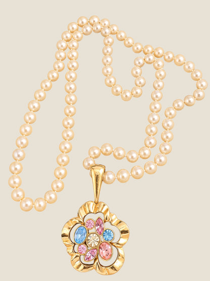 Vintage SAL Swarovski Pearl Necklace with Multicolor Crystal Floral Pendant