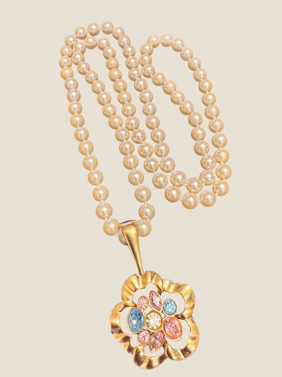Vintage SAL Swarovski Pearl Necklace with Multicolor Crystal Floral Pendant