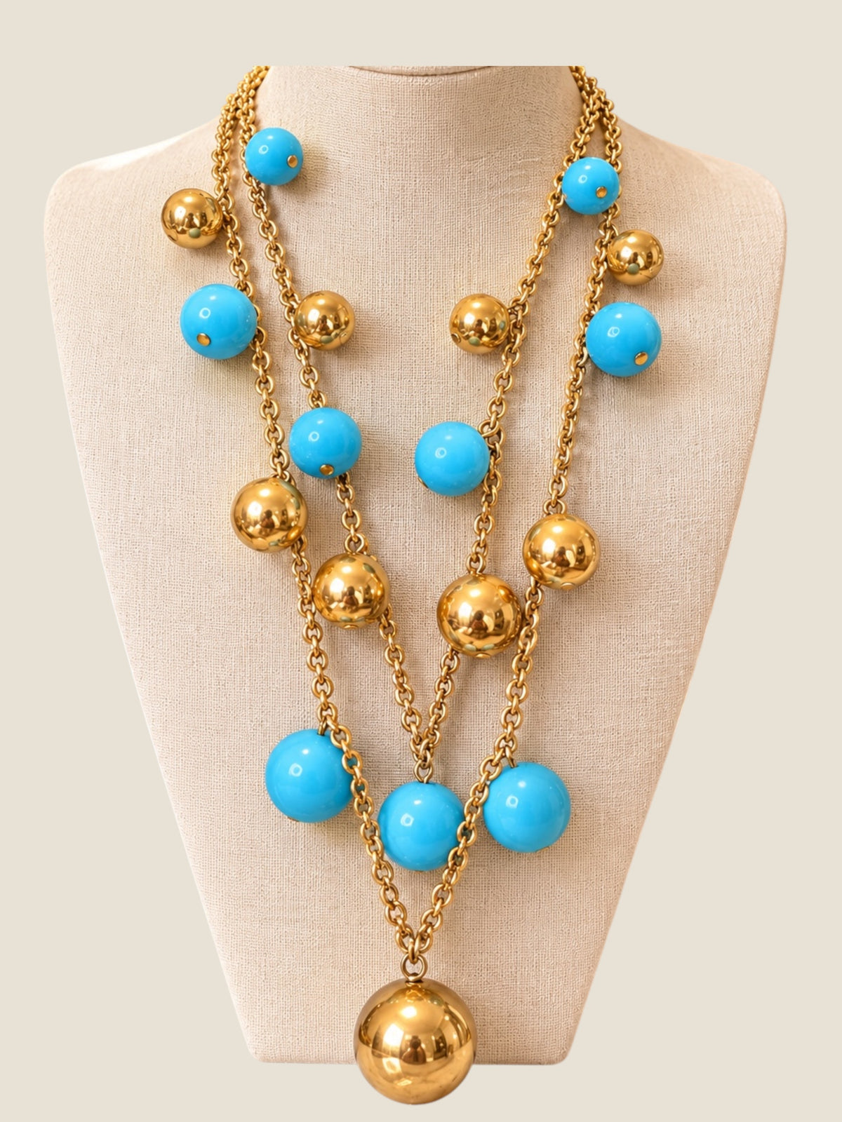 Vintage KJL Kenneth Jay Lane Turquoise & Gold-Tone Double-Strand Orb Necklace