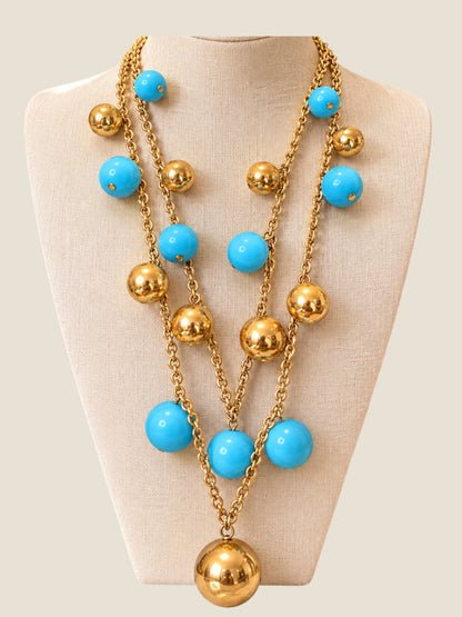 Vintage KJL Kenneth Jay Lane Turquoise & Gold-Tone Double-Strand Orb Necklace