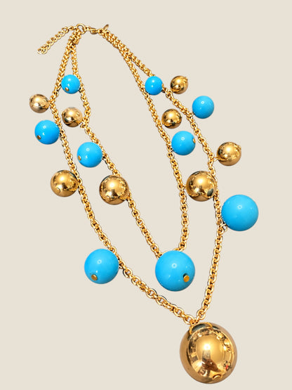 Vintage KJL Kenneth Jay Lane Turquoise & Gold-Tone Double-Strand Orb Necklace