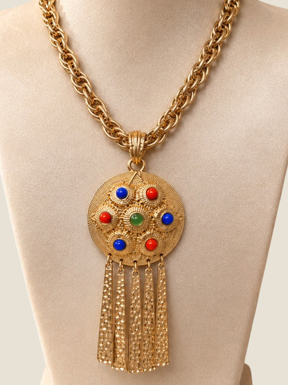 Vintage Kenneth Jay Lane KJL CN Gold-Tone Medallion Necklace with Multicolor Cabochons & Articulated Fringe