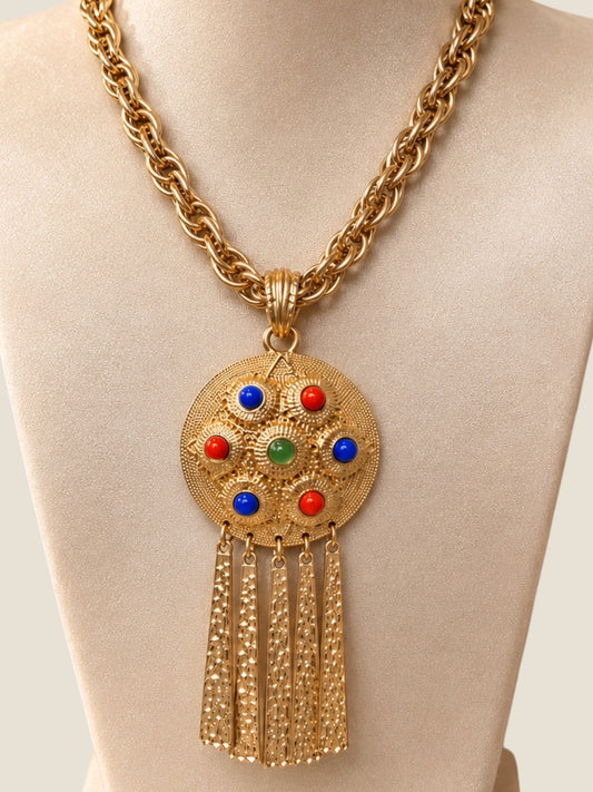 Vintage Kenneth Jay Lane KJL CN Gold-Tone Medallion Necklace with Multicolor Cabochons & Articulated Fringe
