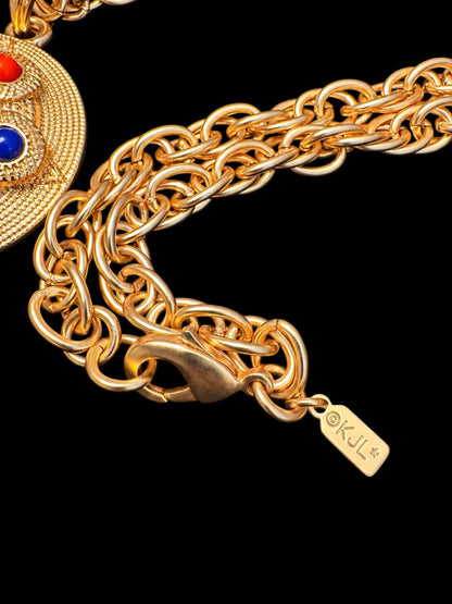 Vintage Kenneth Jay Lane KJL CN Gold-Tone Medallion Necklace with Multicolor Cabochons & Articulated Fringe