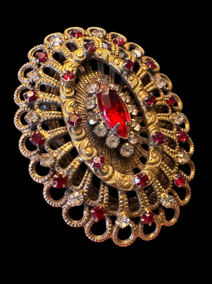 Vintage HOBÉ Ruby Red Rhinestone Convertible Brooch Pendant | Gold-Tone Filigree