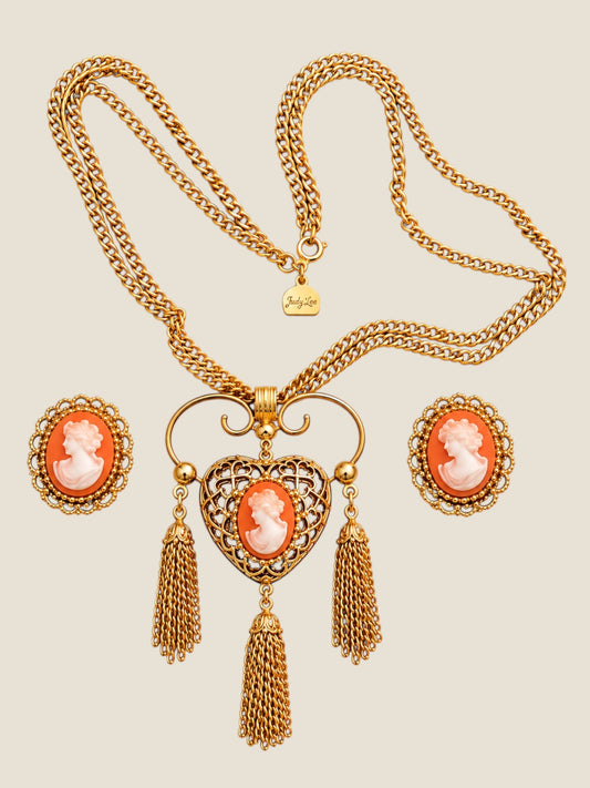 Vintage Judy Lee Cameo Heart Tassel Necklace & Clip-On Earrings Set – Signed Gold Tone