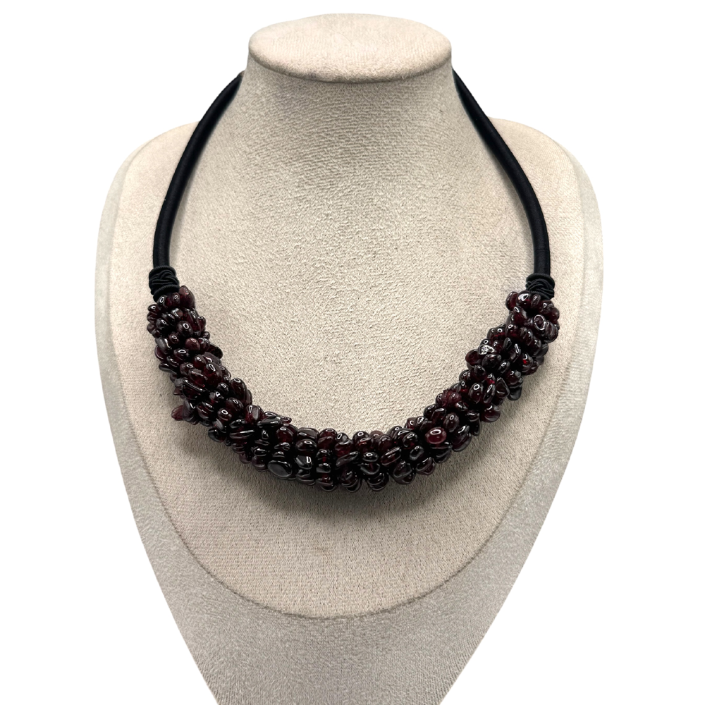 Natural Garnet Cabochon Choker Necklace with Silk Cord & Jadeite Bead Closure – 18” Adjustable